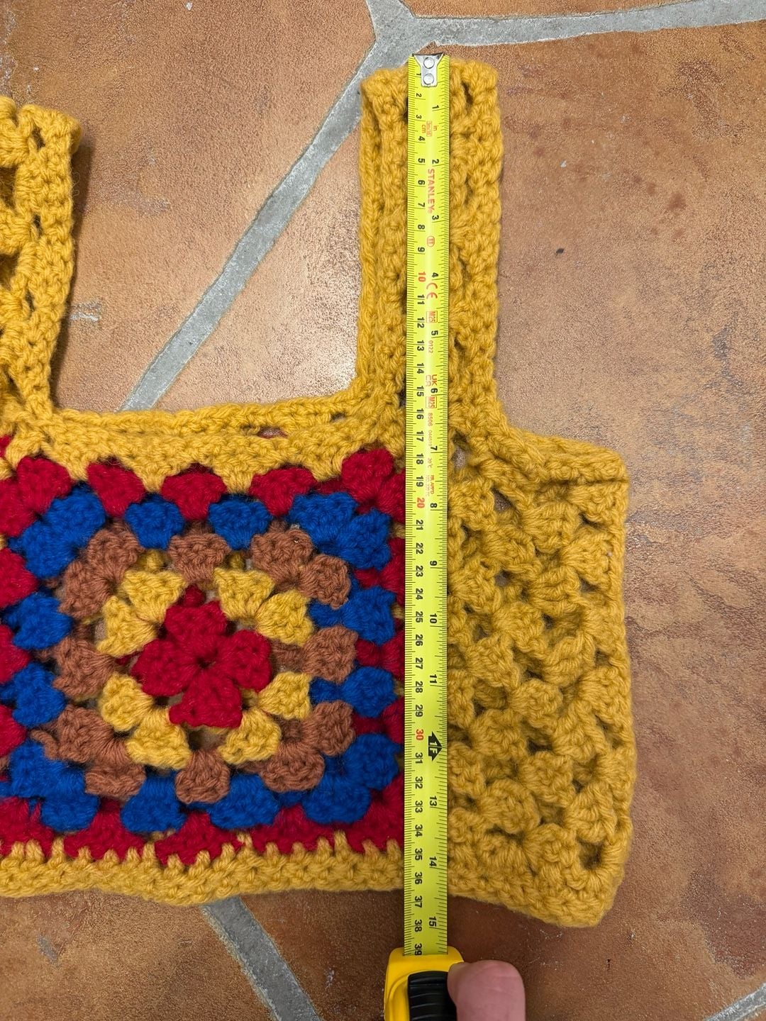 Vintage Handmade Crochet Granny Square Crop Top Yellow Red Blue 6