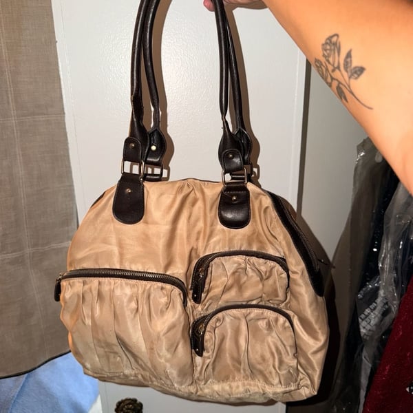 MZ Wallace Nylon Shoulder Bag Beige Brown Trim
