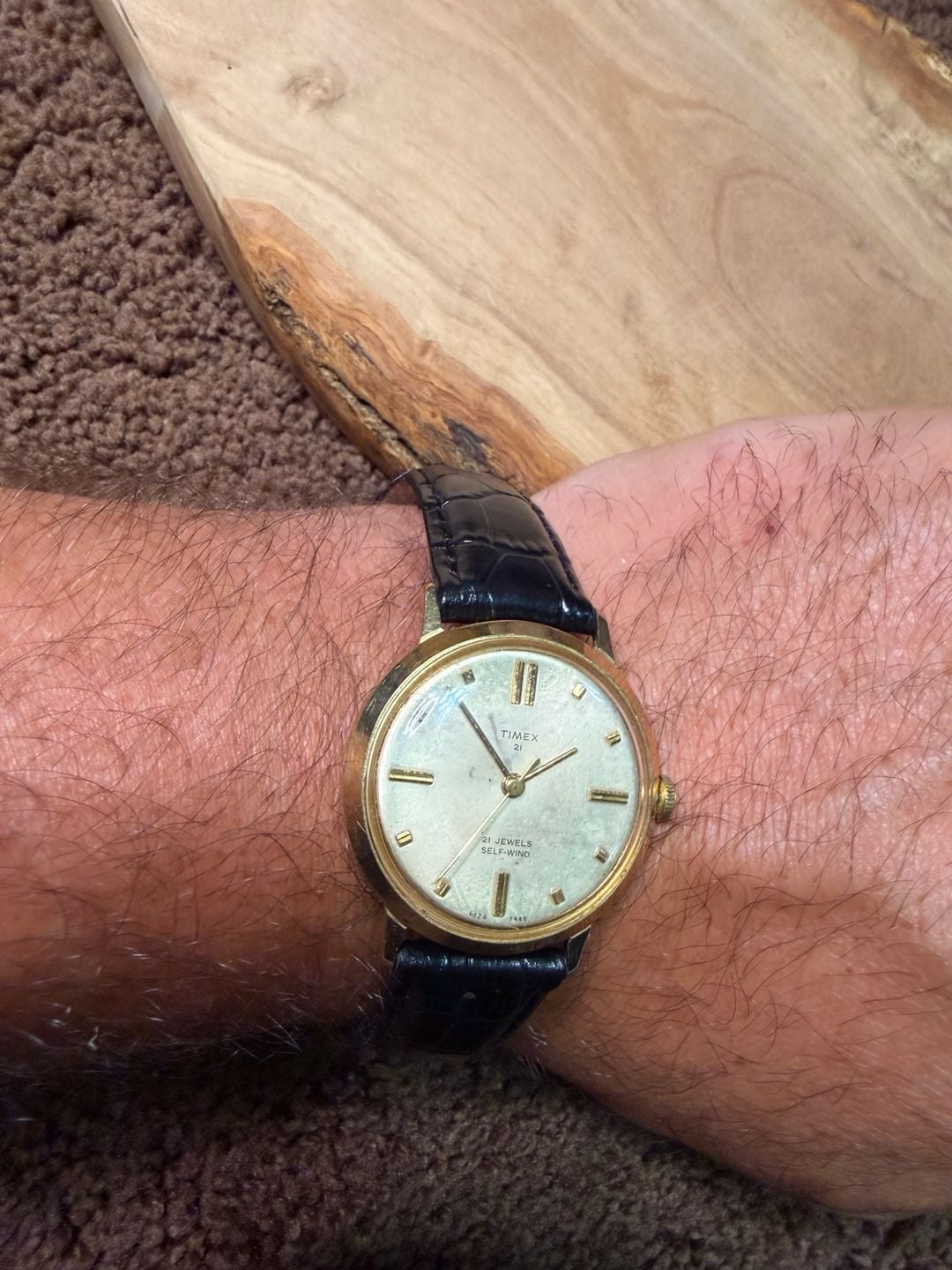VINTAGE TIMEX 1968 21J AUTOMATIC MECHANICAL SELF-WIND MEN'S GOLDEN LEATHER WATCH 7