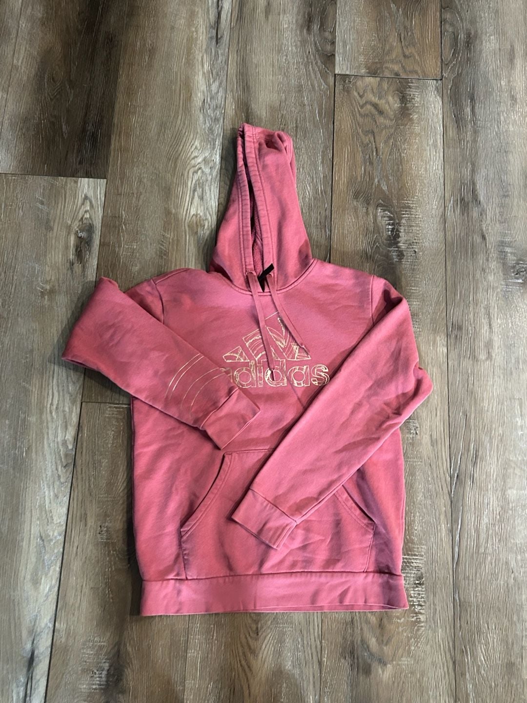 Adidas Hoodie Size M Pink Gold Logo Fleece Pullover 2
