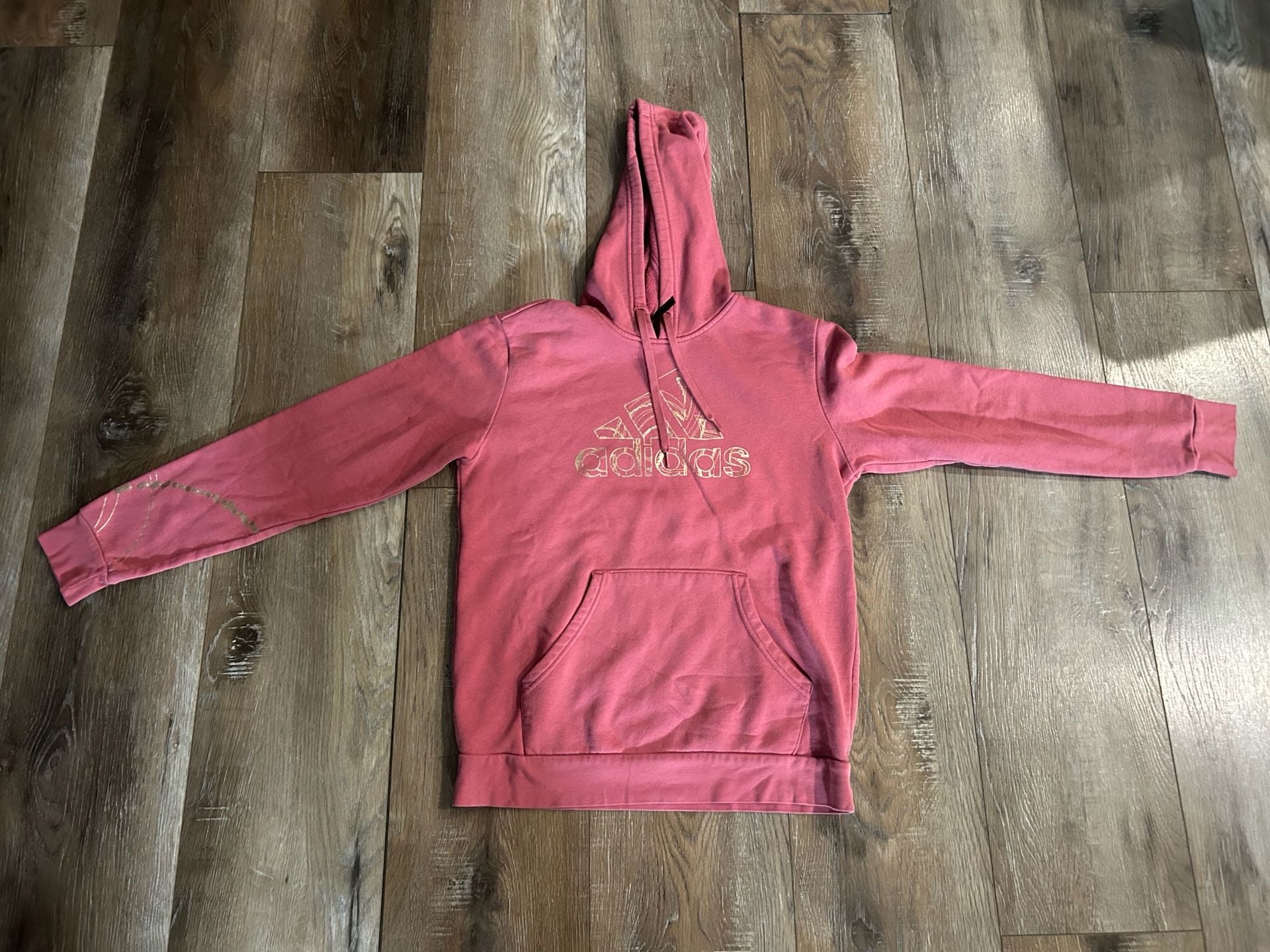 Adidas Hoodie Size M Pink Gold Logo Fleece Pullover 5
