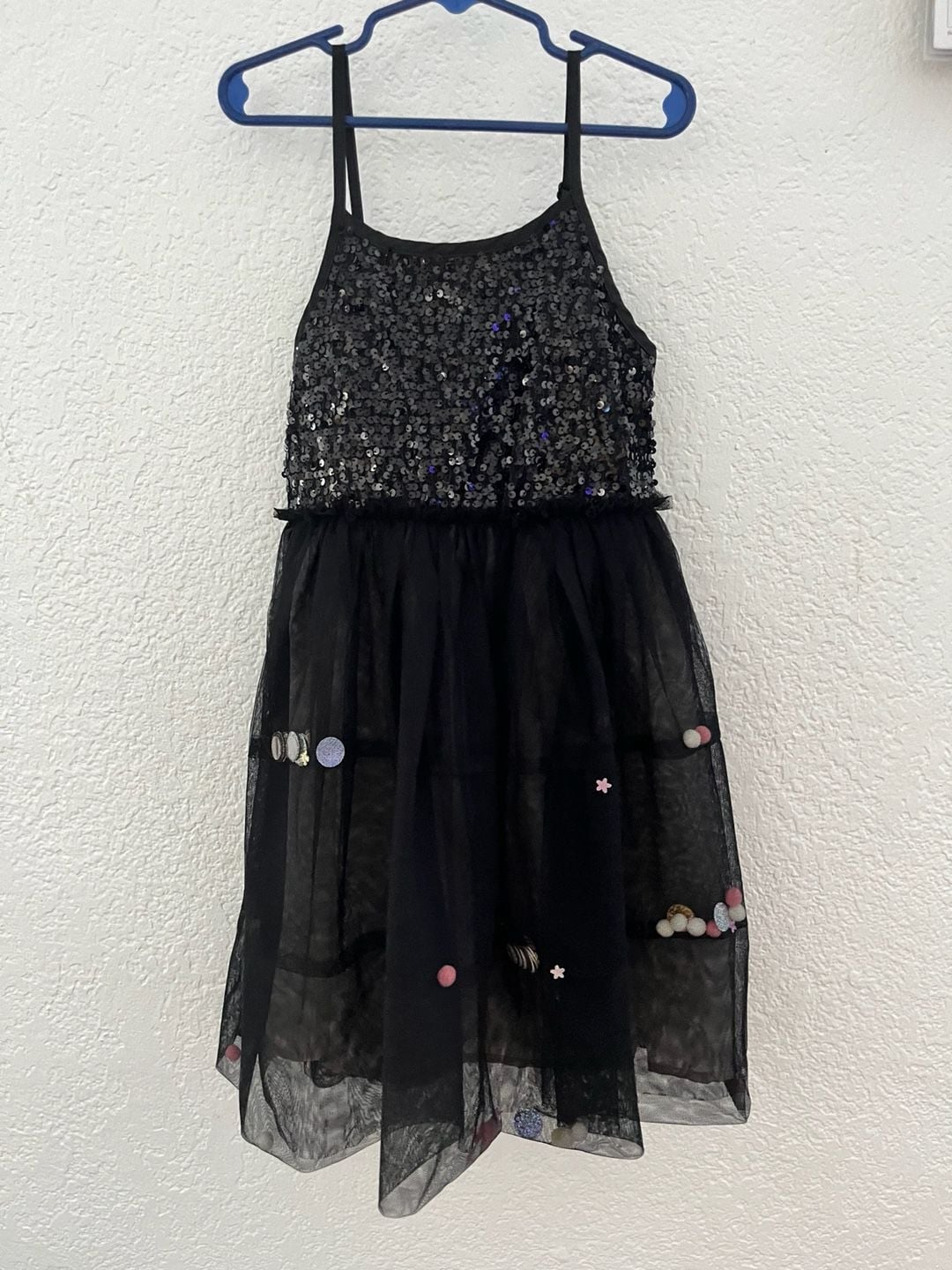 Cat & Jack Sequin Pom Pom Party Dress Size 6/6X Black 2
