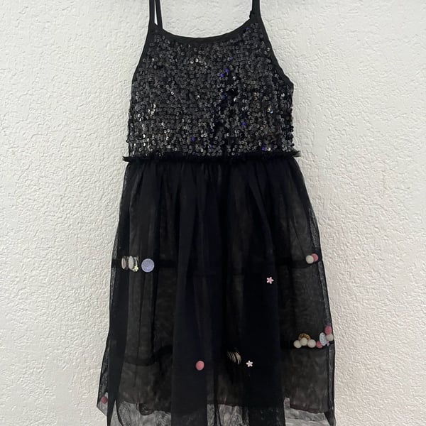 Cat & Jack Sequin Pom Pom Party Dress Size 6/6X Black