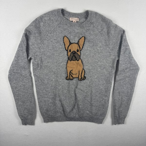 Philosophy Cashmere French Bulldog Sweater Size M/M Gray Crewneck