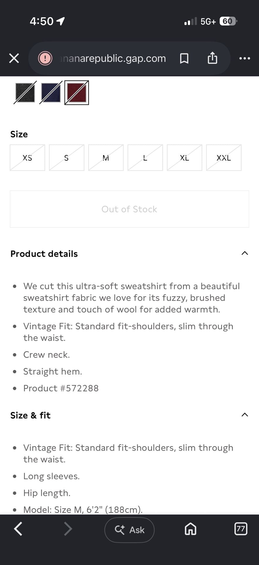 Banana Republic  Brushed Crew-Neck Sweatshirt W/ Wool Size L Burgundy  11