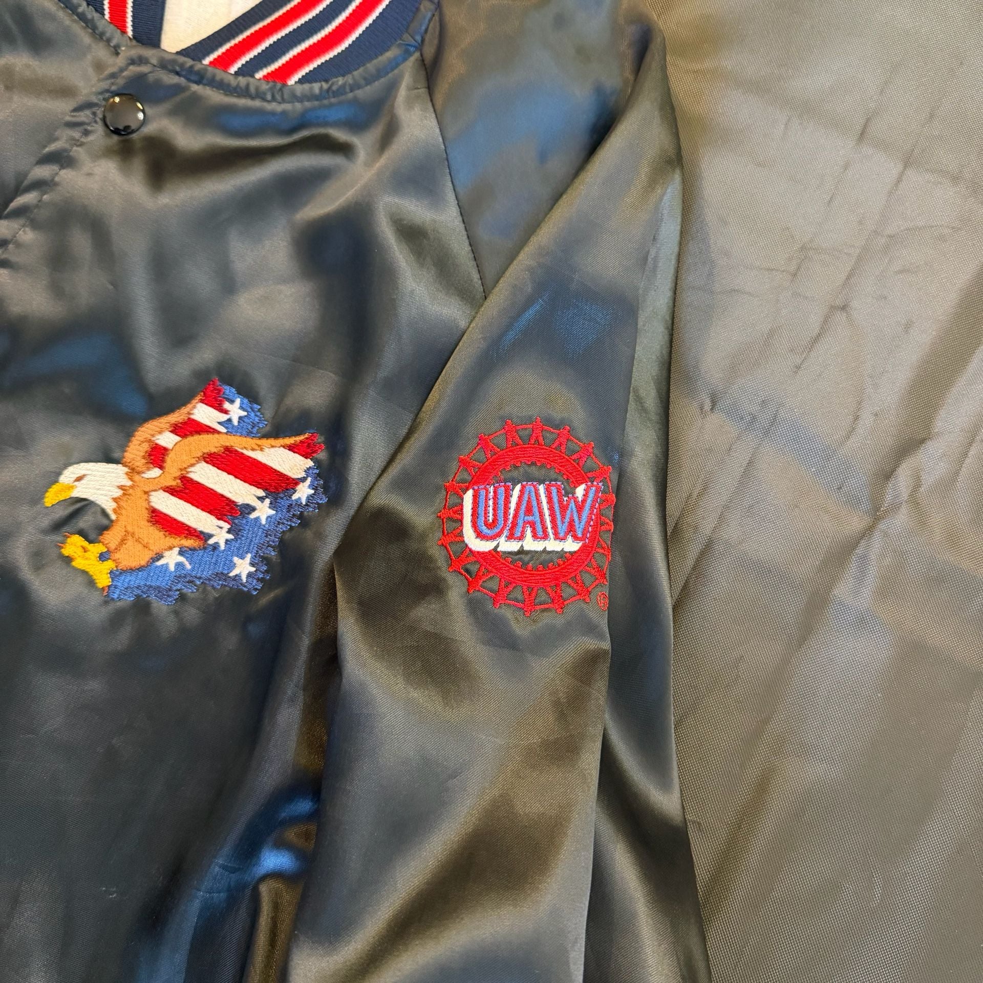 Vintage USA American Eagle Satin Bomber Jacket Red White Blue XL Made USA 9