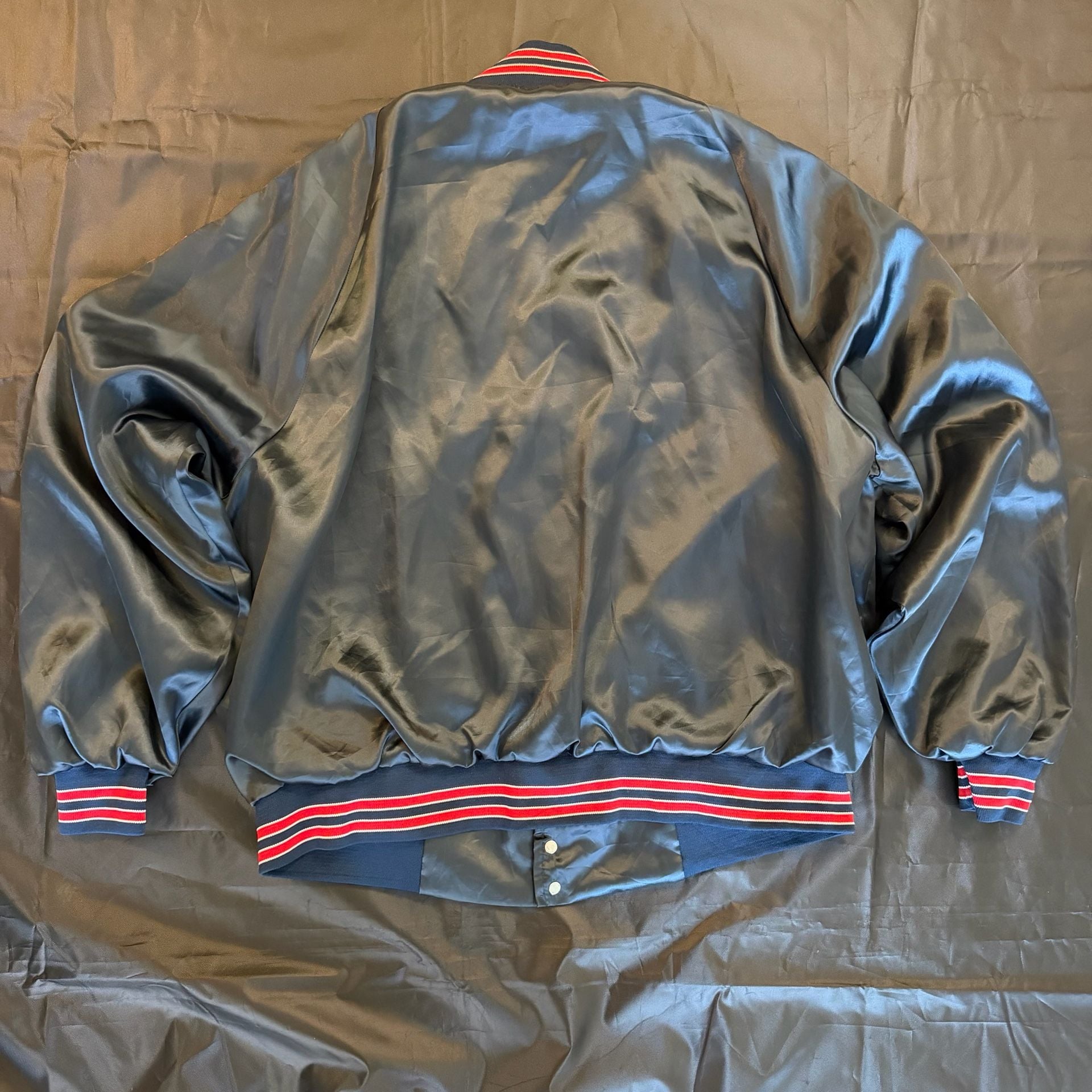 Vintage USA American Eagle Satin Bomber Jacket Red White Blue XL Made USA 12