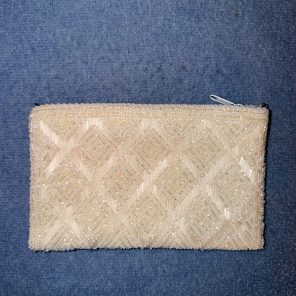 ASOS DESIGN Diamond Beaded Zip Top Clutch Bag White