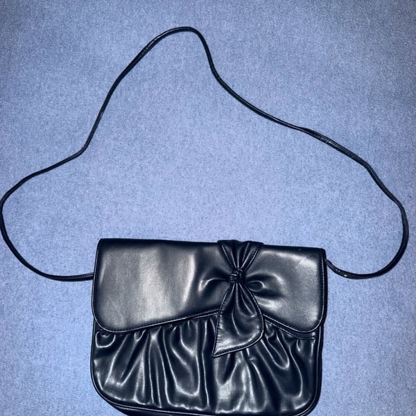 Vintage Black Faux Leather Crossbody Bag with Bow Detail