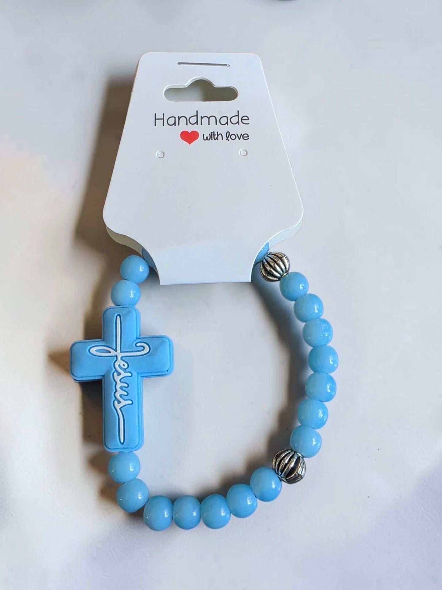 Blue Jesus Cross Stretch Beaded Bracelet 1
