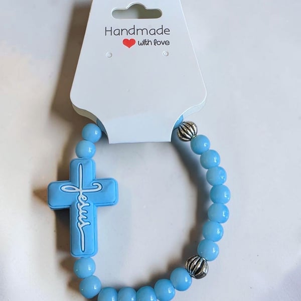 Blue Jesus Cross Stretch Beaded Bracelet