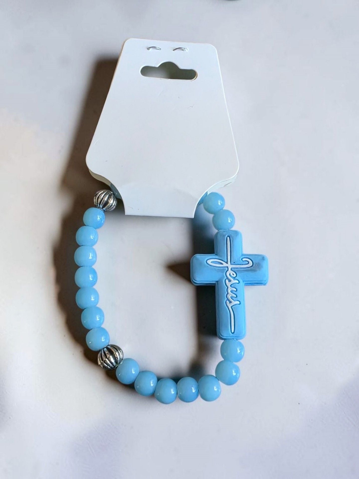 Blue Jesus Cross Stretch Beaded Bracelet 2