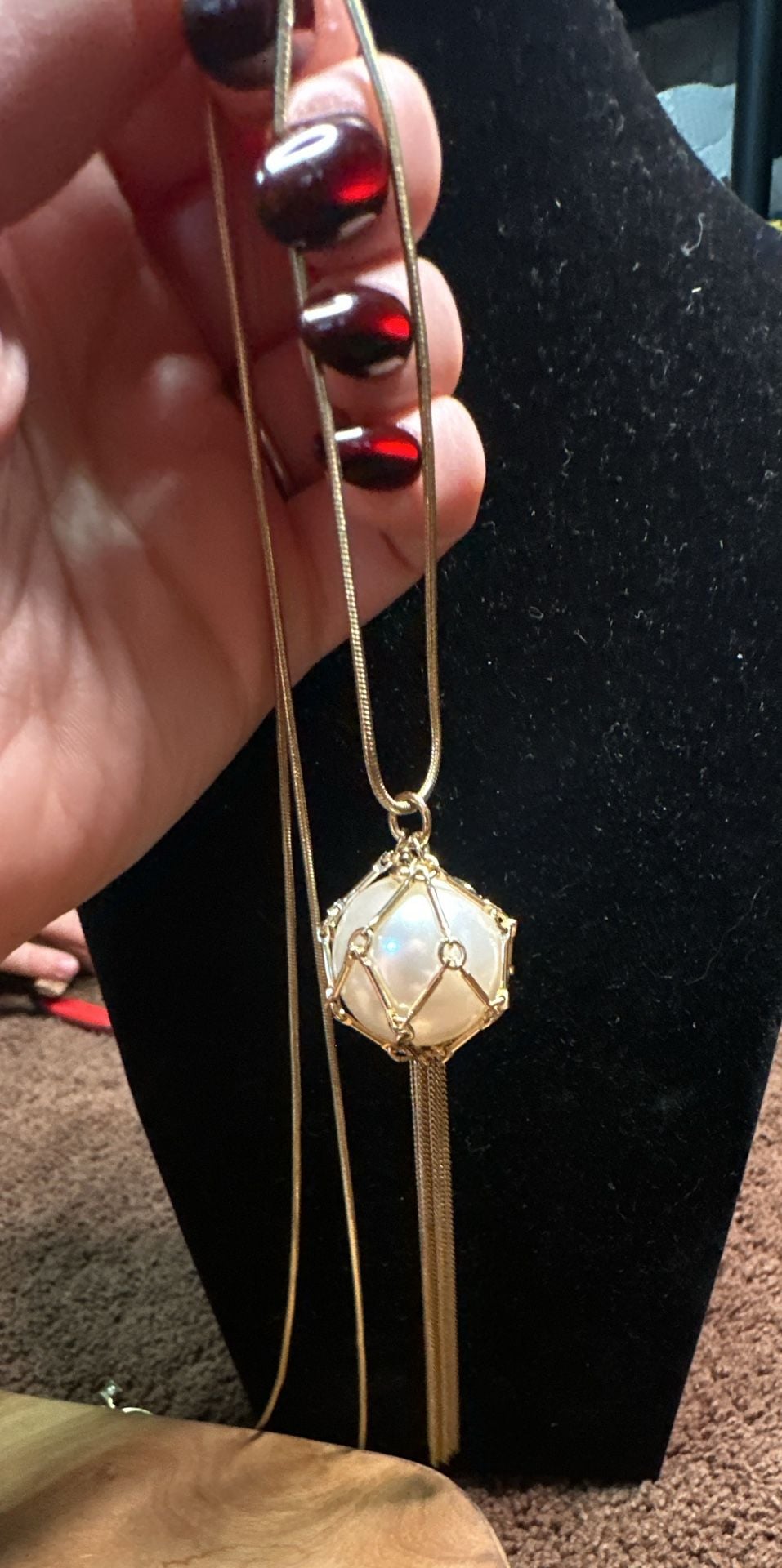 Vera Bradley Long Gold Tone Faux Pearl Tassel Cage Necklace 5