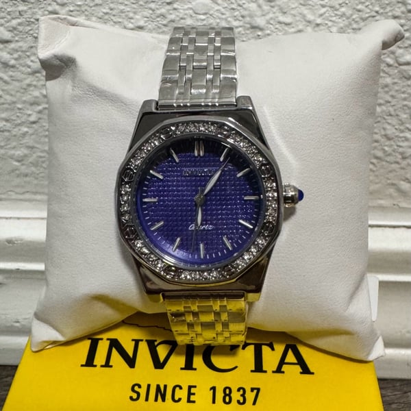Invicta Quartz Watch Silver Purple Dial Crystal Bezel