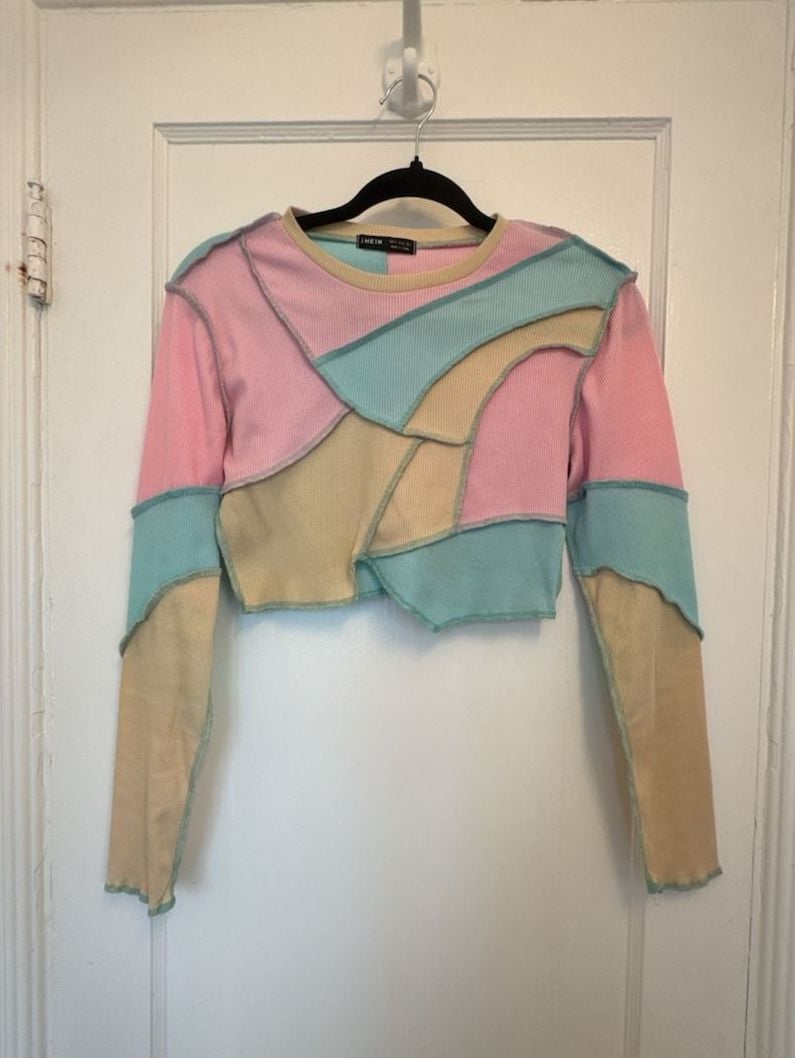 Shein Patchwork Crop Top Size S Long Sleeve Exposed Seam Patchwork Pastel Streerwear 2