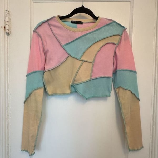 Shein Patchwork Crop Top Size S Long Sleeve Exposed Seam Patchwork Pastel Streerwear