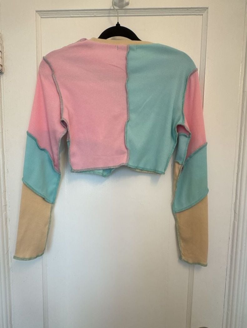 Shein Patchwork Crop Top Size S Long Sleeve Exposed Seam Patchwork Pastel Streerwear 4