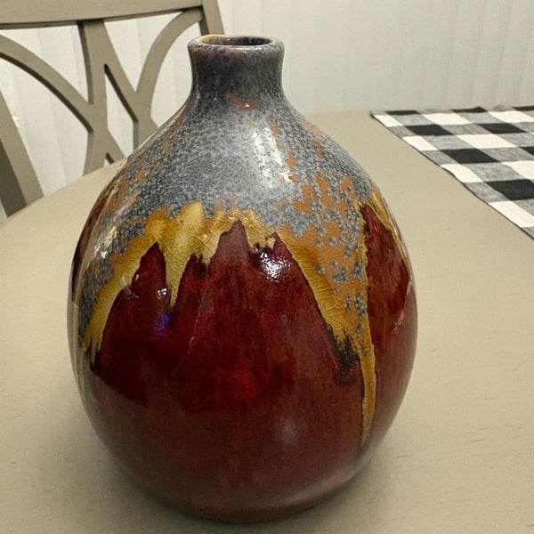 Studio Art Pottery Drip Glaze Ceramic Vase Red Blue Earth Tone