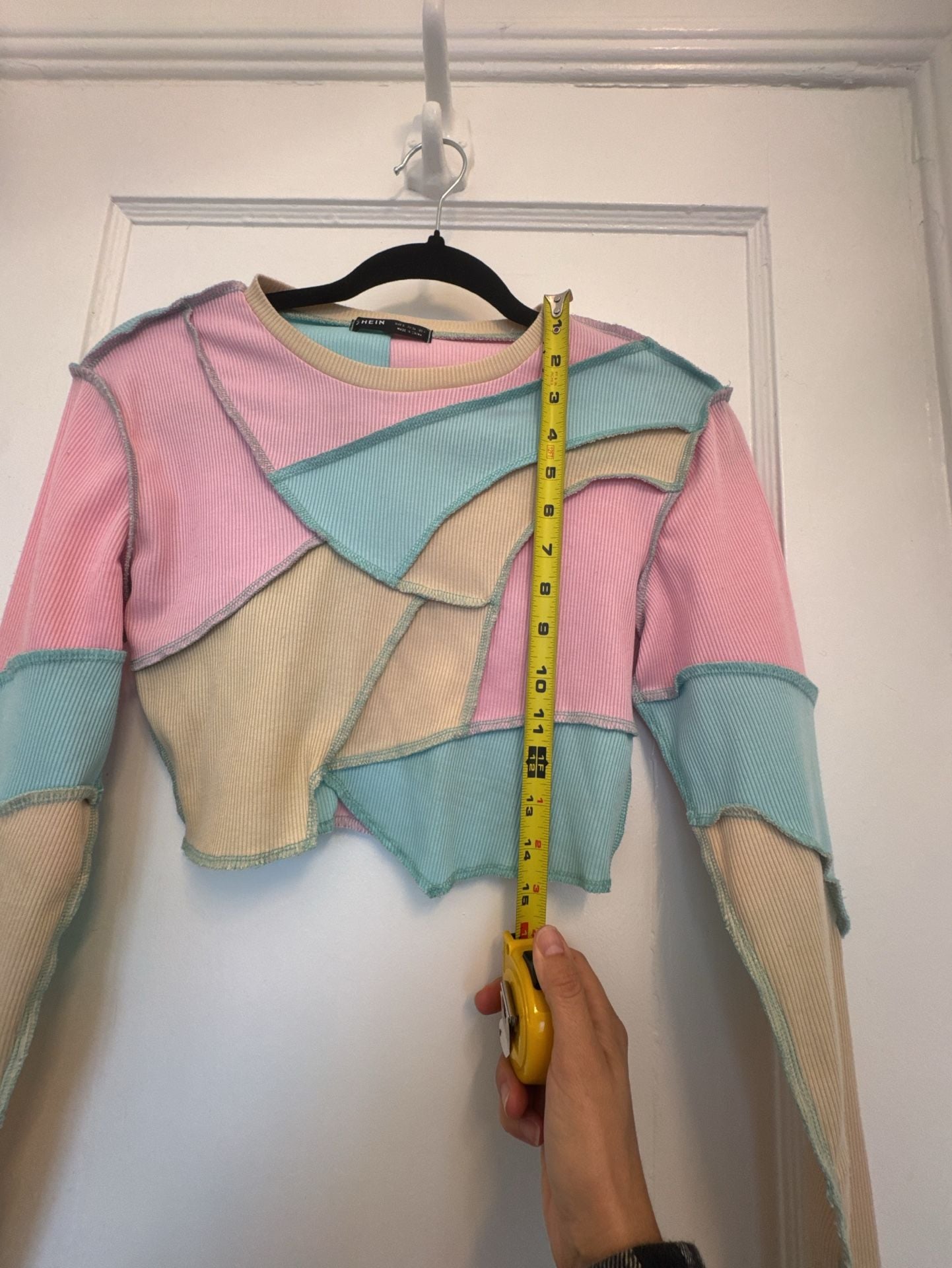 Shein Patchwork Crop Top Size S Long Sleeve Exposed Seam Patchwork Pastel Streerwear 5