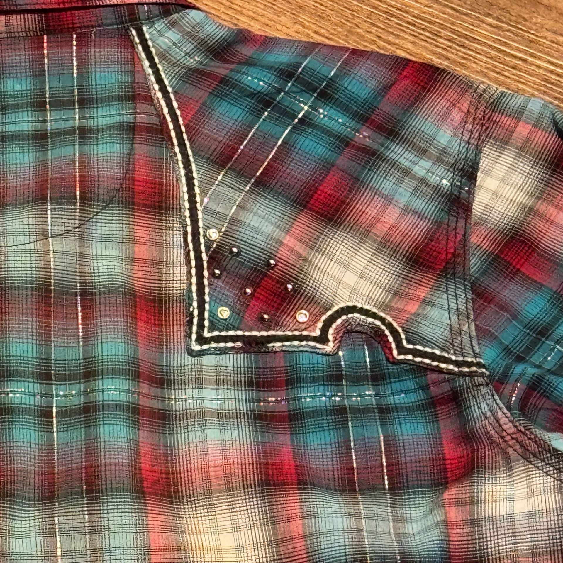 Rock 47 by Wrangler Womens L Plaid Rhinestone Embroidered Pearl Snap Western 9
