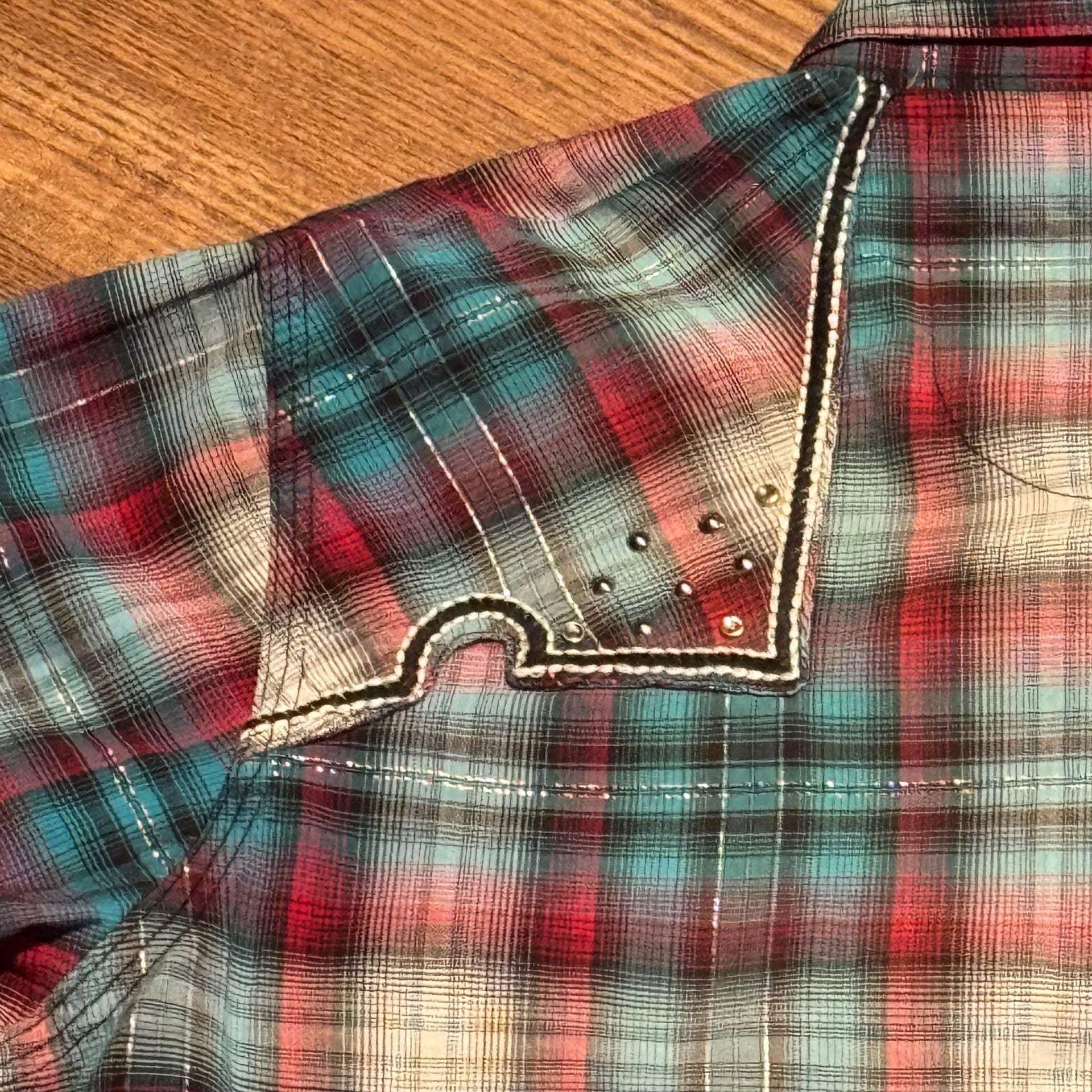 Rock 47 by Wrangler Womens L Plaid Rhinestone Embroidered Pearl Snap Western 10