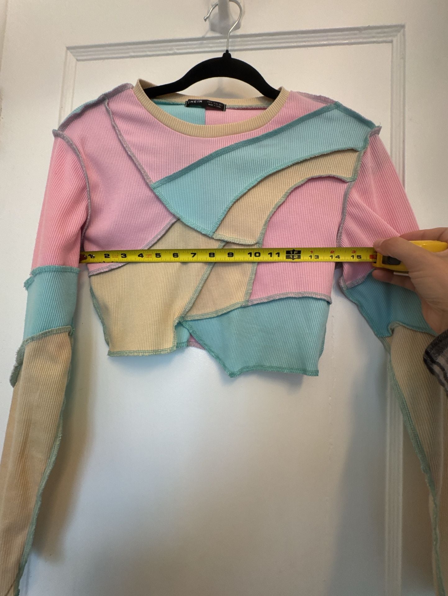 Shein Patchwork Crop Top Size S Long Sleeve Exposed Seam Patchwork Pastel Streerwear 6