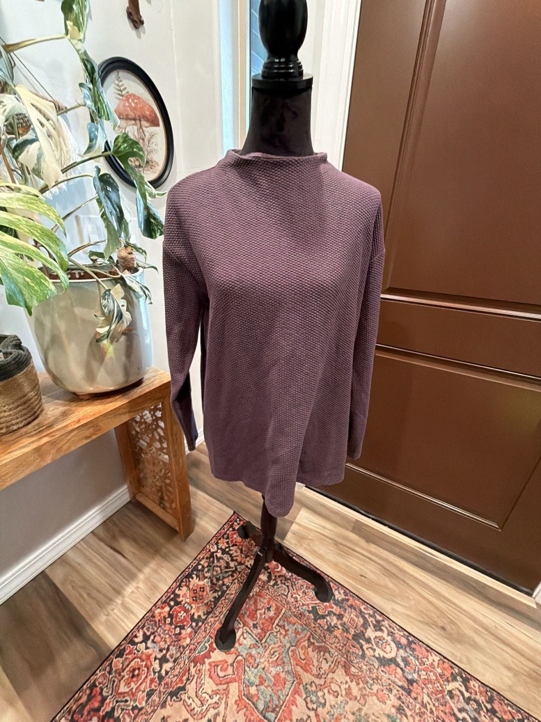 Lands' End Waffle Knit Mock Neck Top Size M/P 10-12 Purple Textured Pullover 2