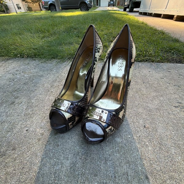 Guess Snakeskin Peep-Toe Platform Stiletto Heels