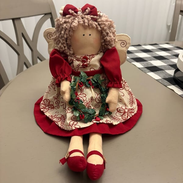 Folk Art Christmas Holiday Stuffed Fabric Angel Doll Red Dress