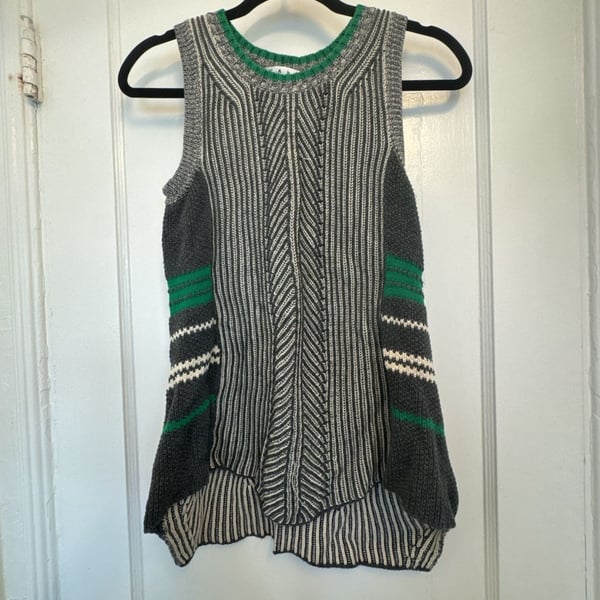 CAbi Trident Knit Sleeveless Sweater Vest Size S Grey Green Striped Vest Normcore