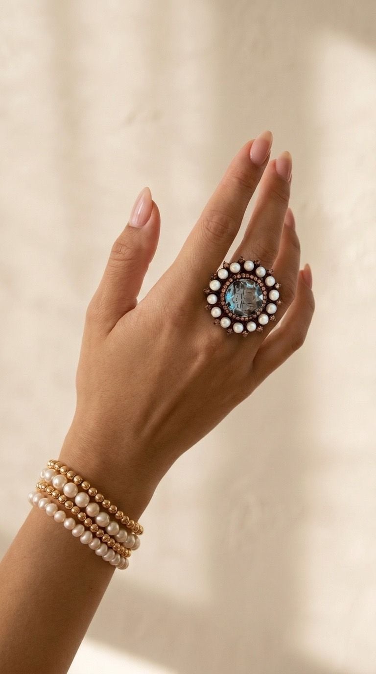 Vintage Statement Ring Size 7.5 Blue Stone Faux Pearl Halo 2
