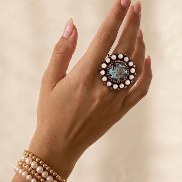 Vintage Statement Ring Size 7.5 Blue Stone Faux Pearl Halo