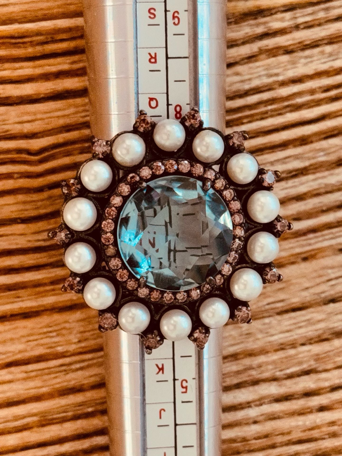 Vintage Statement Ring Size 7.5 Blue Stone Faux Pearl Halo 3