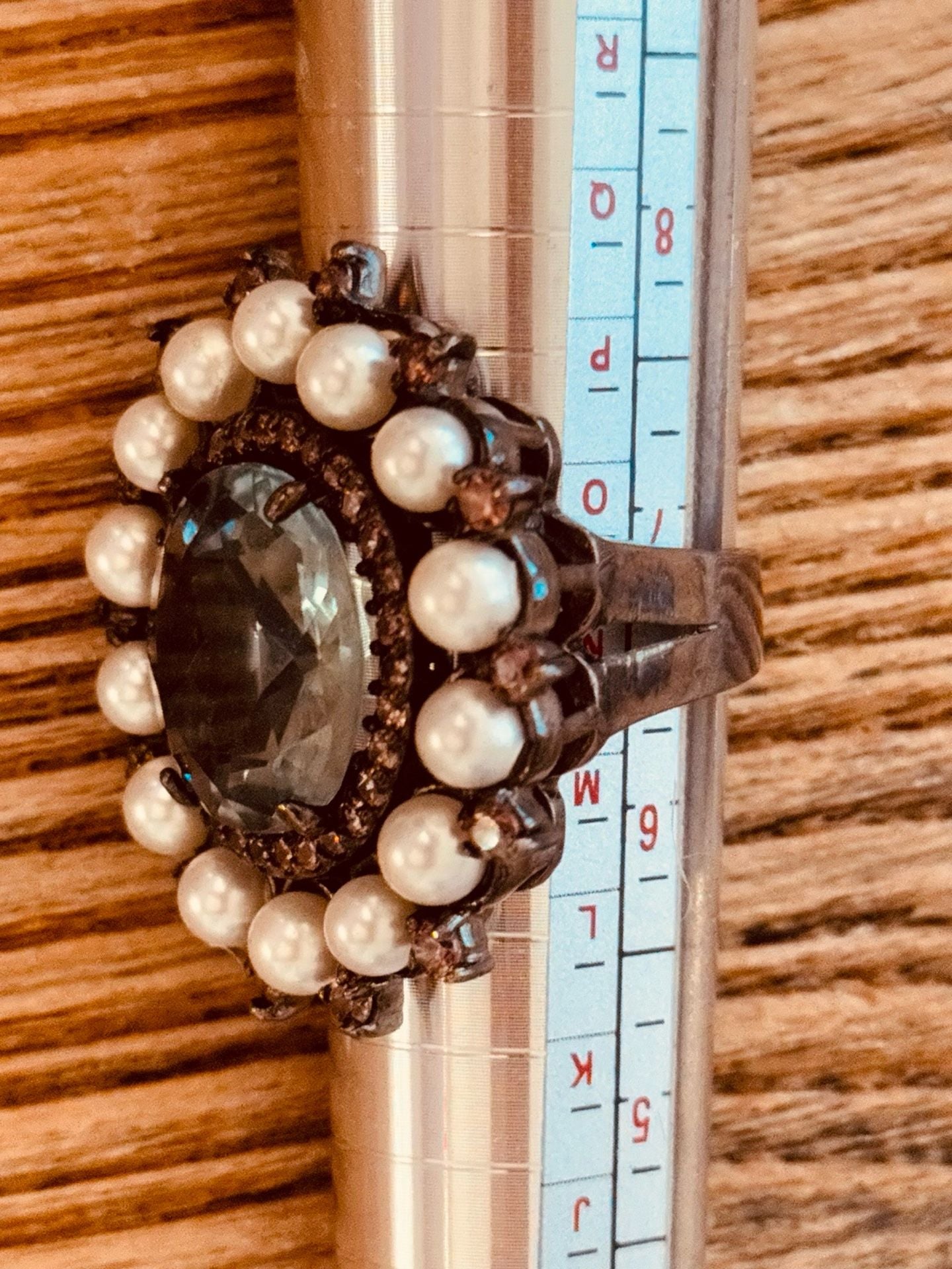 Vintage Statement Ring Size 7.5 Blue Stone Faux Pearl Halo 4