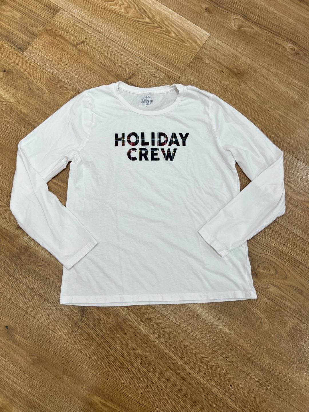 J.Crew Holiday Crew Long Sleeve Collector Tee Size L White Plaid Graphic 2