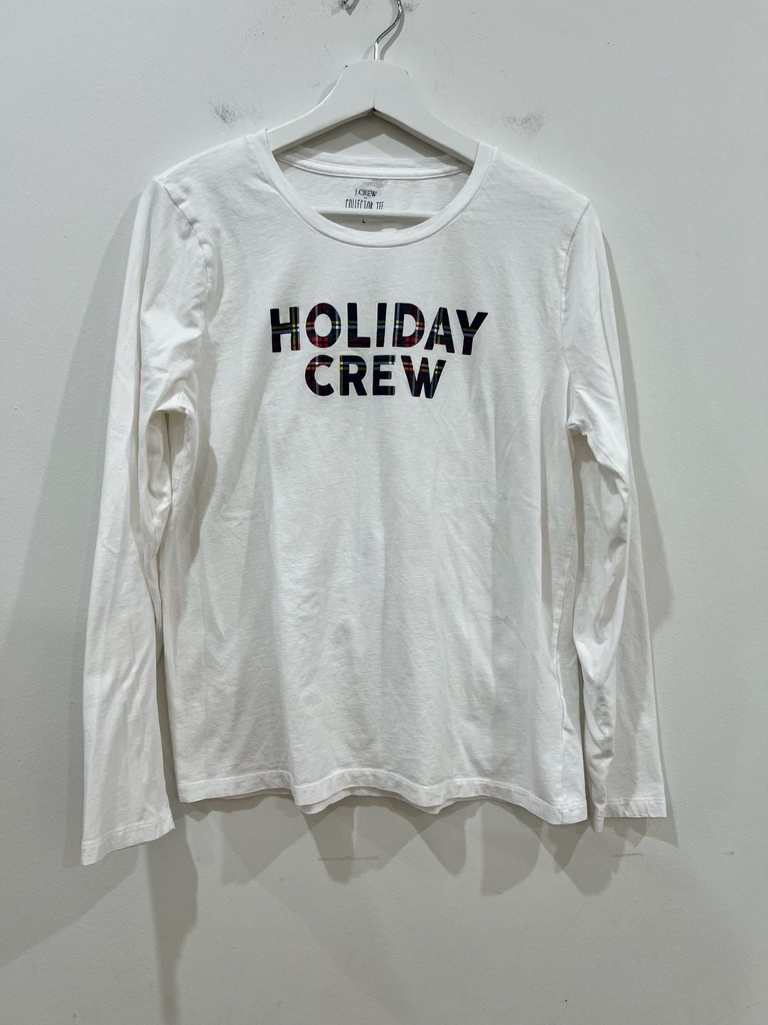 J.Crew Holiday Crew Long Sleeve Collector Tee Size L White Plaid Graphic 10