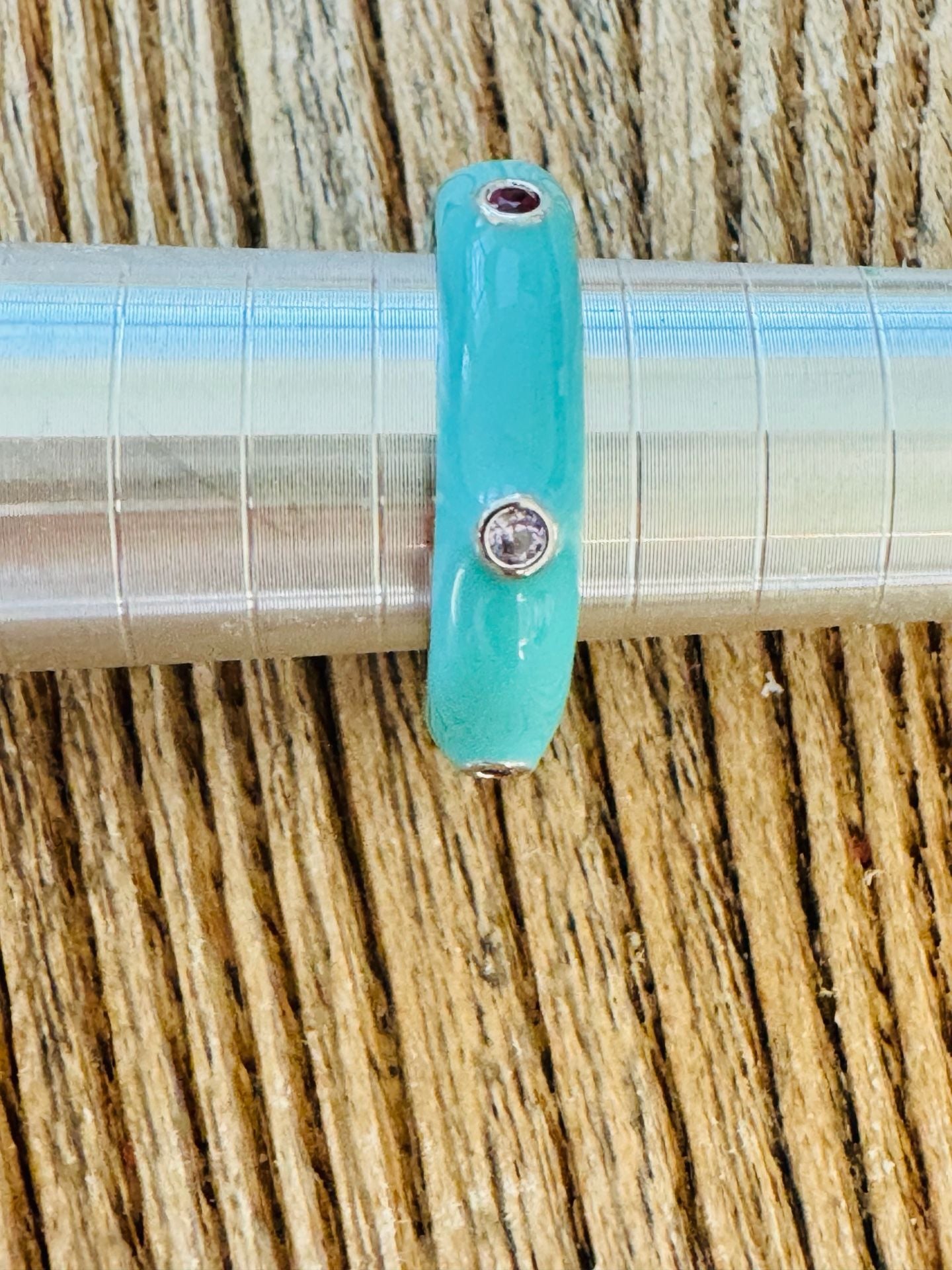 Turquoise Enamel Gemstone Ring Size 7.5 Blue Enamel Band 3