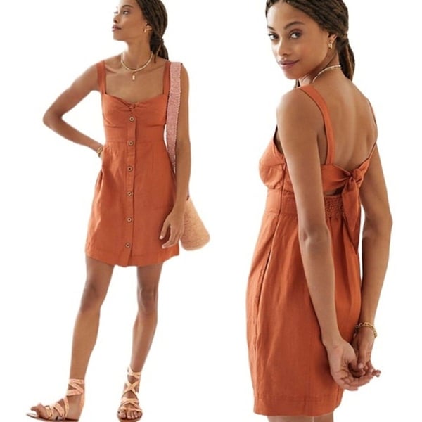 Maeve by Anthropologie Linen Rust Orange Twist-Front Mini Dress Size M
