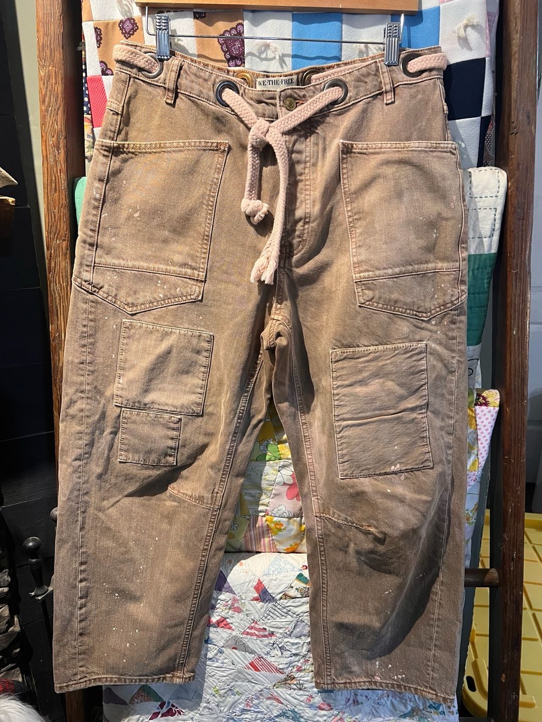 Free People Moxie Low Slung Pull On Barrel Jeans, paint splatter detail size 29 2