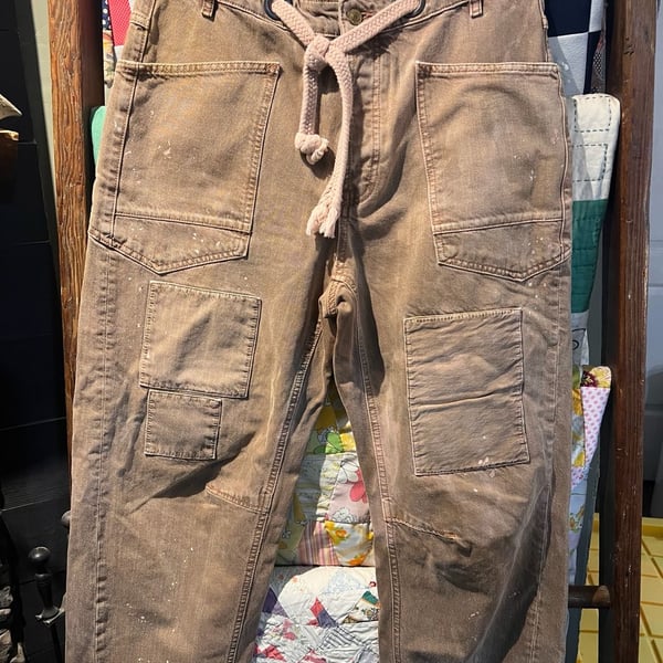 Free People Moxie Low Slung Pull On Barrel Jeans, paint splatter detail size 29