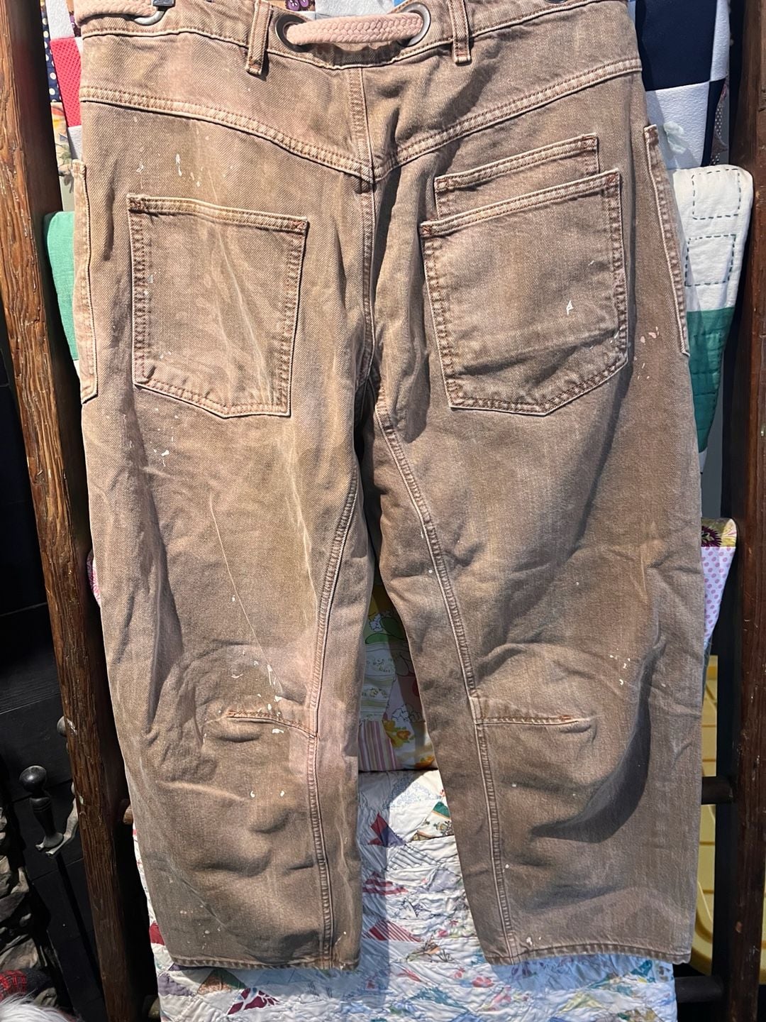 Free People Moxie Low Slung Pull On Barrel Jeans, paint splatter detail size 29 6