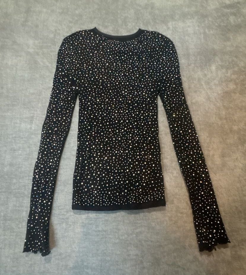 Free People Night Sky Long Sleeve Rhinestone Clubcore Going Out Top Size XS/S Black 2