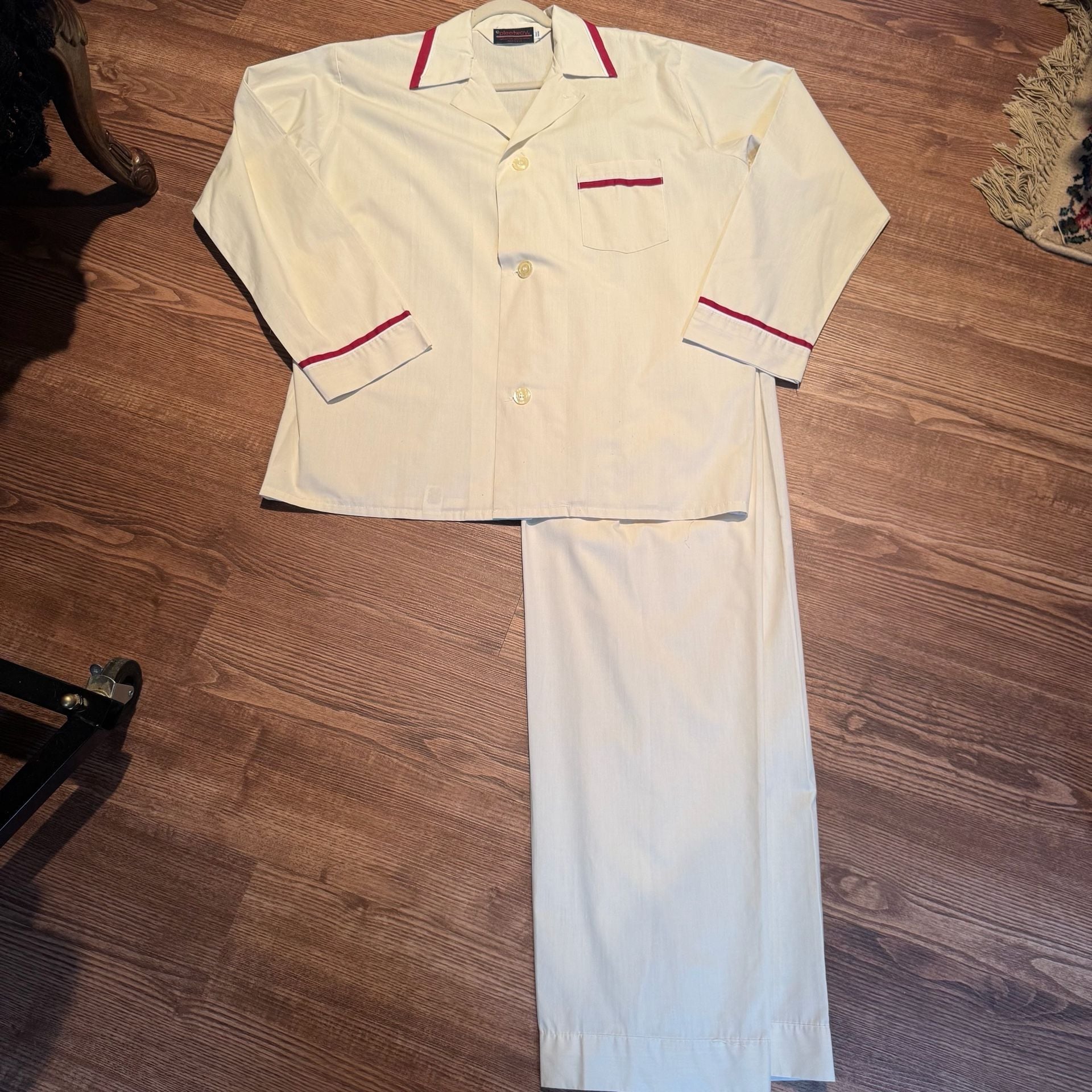 Vintage Pleetway Men’s Pajama Set Tall L USA Cream Red Piping Retro Lounge 3