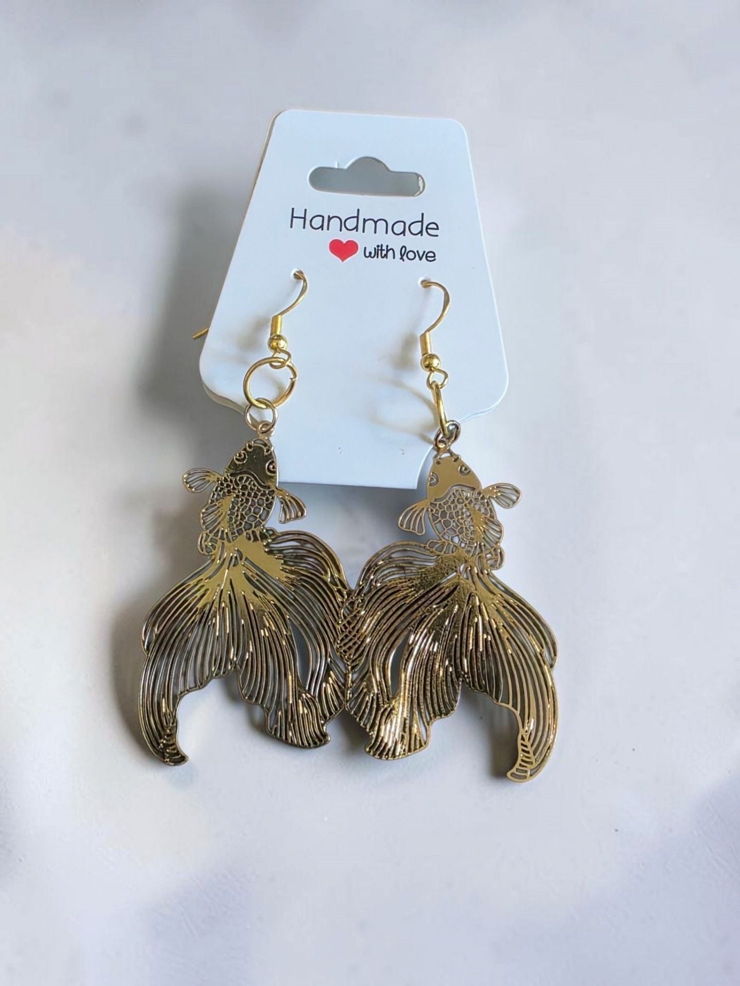 Gold Tone Filigree Goldfish Dangle Hook Earrings 1
