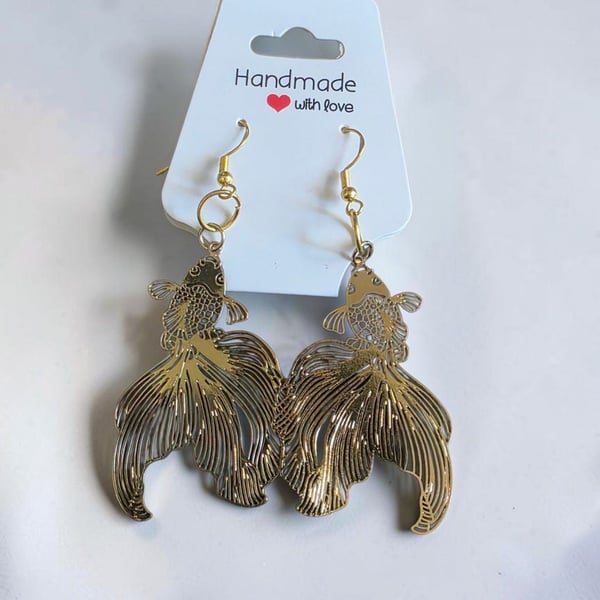 Gold Tone Filigree Goldfish Dangle Hook Earrings