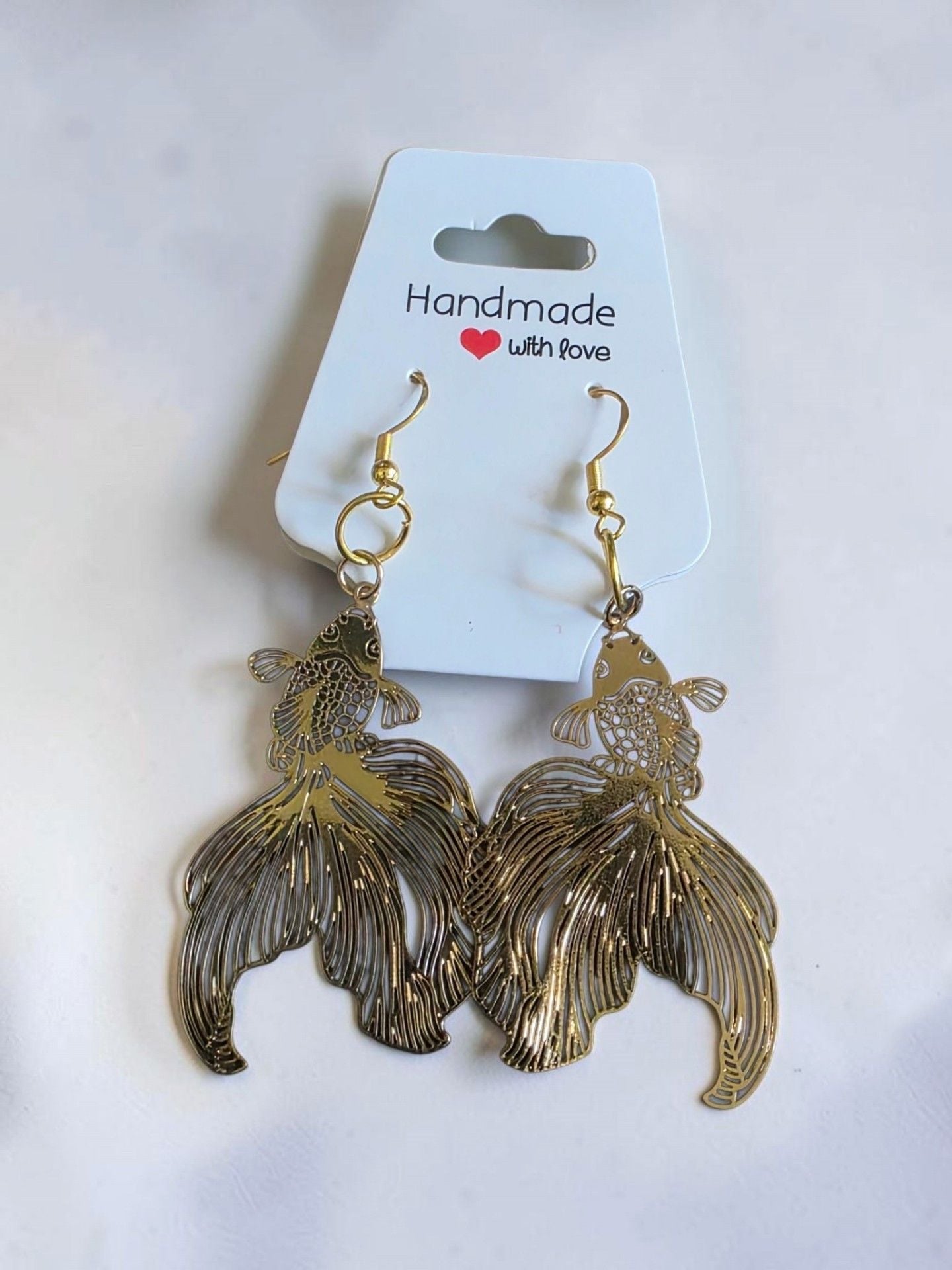 Gold Tone Filigree Goldfish Dangle Hook Earrings 2