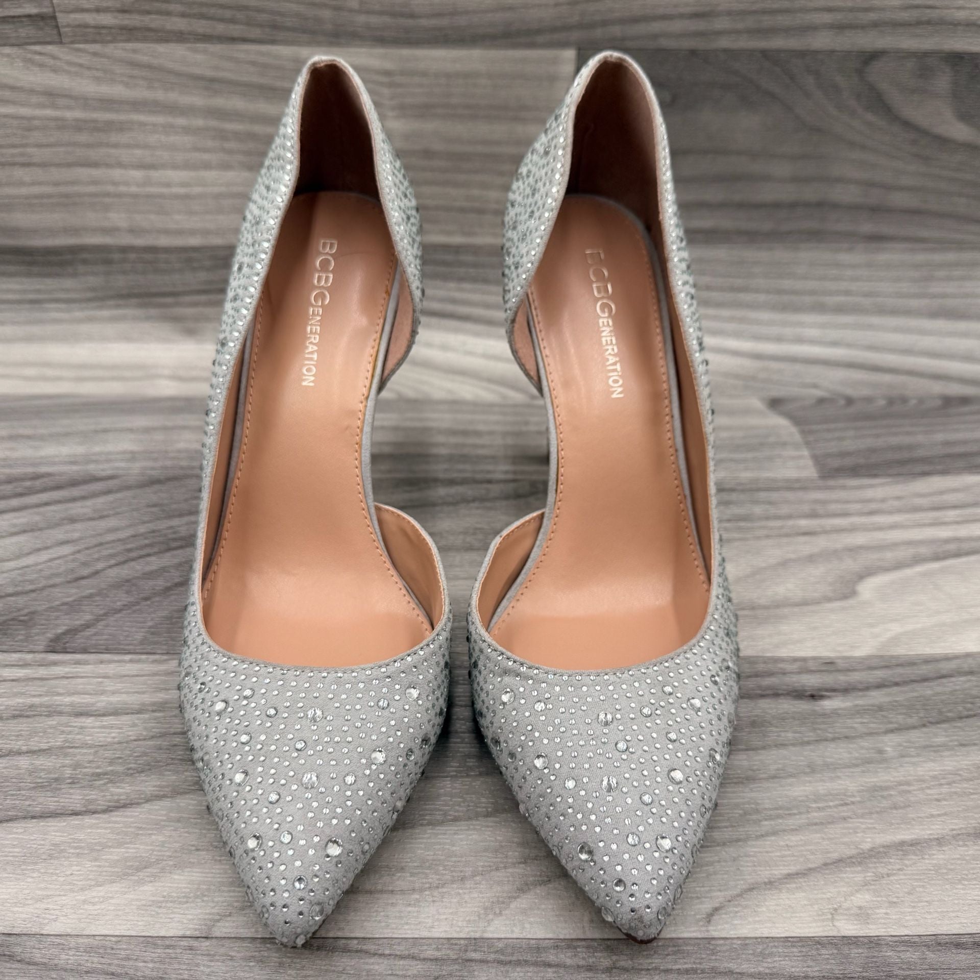 BCBGeneration Hanady Silver Rhinestone Dorsay Pumps Heels Stilettos Sz 8.5 8