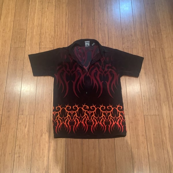 Authentic Shaolin Button Up Shirt Size S Black Tribal Flame Graphic Y2K