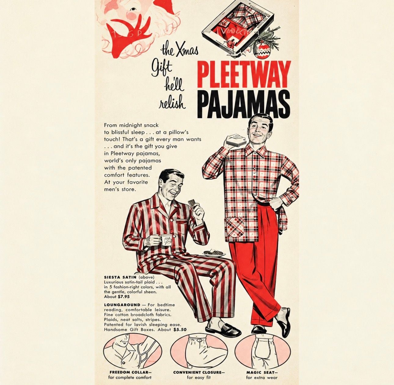 Vintage Pleetway Men’s Pajama Set Tall L USA Cream Red Piping Retro Lounge 2