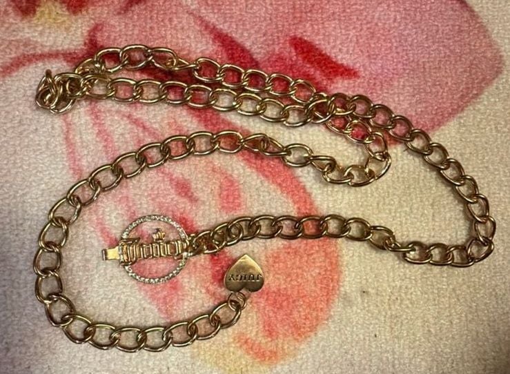 Juicy Couture Gold Tone Chain Belt with Rhinestone Logo and Heart Charm 1